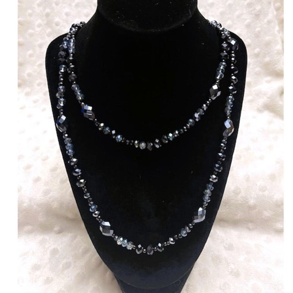 Vintage Chico's Signature Deep Navy & Pale Blue Glass Bead 27" Long Necklace